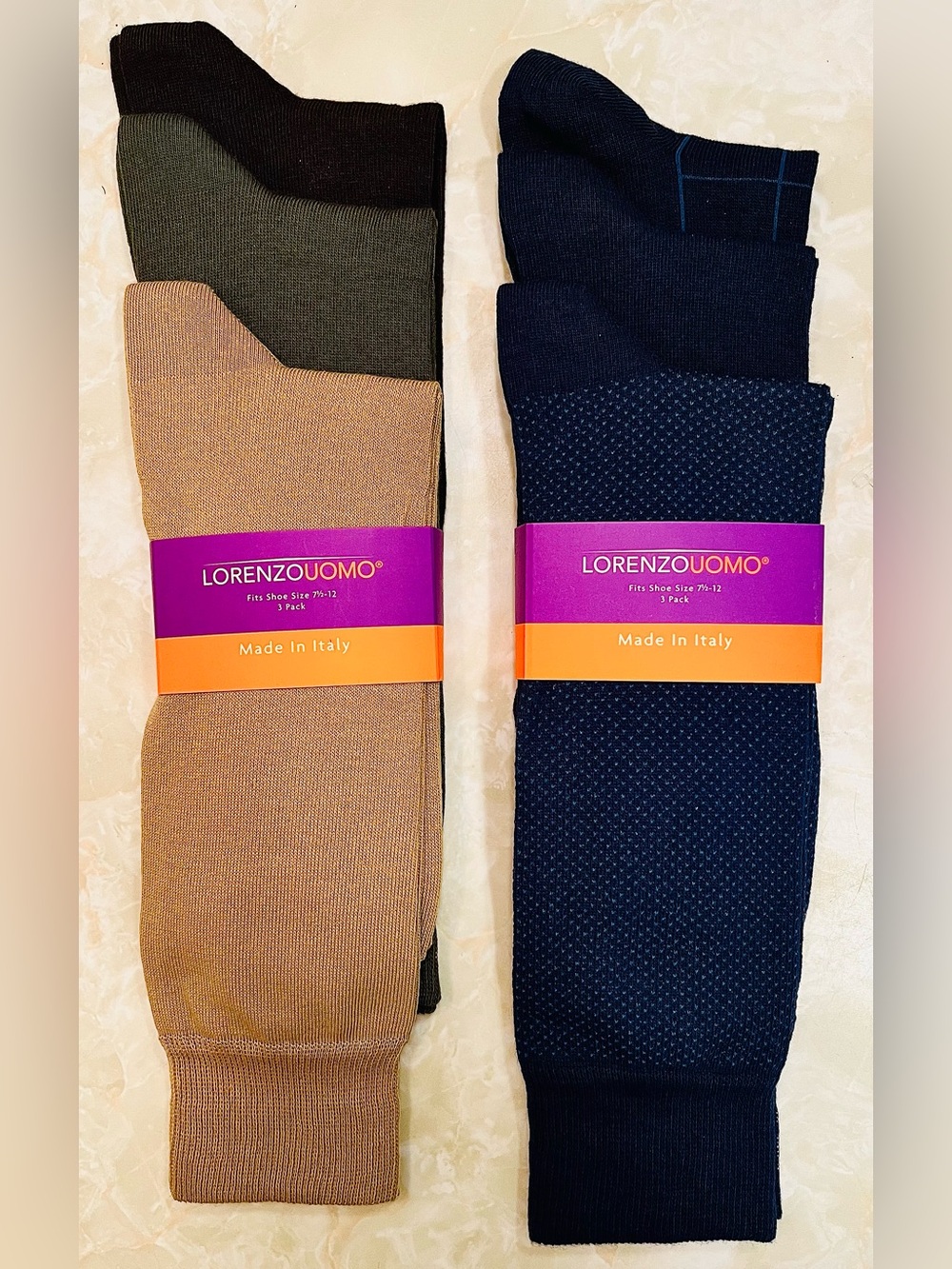 Lorenzo Uomo Dress Socks 2 Packs - Navy, Green & Tan. (6 Pair)